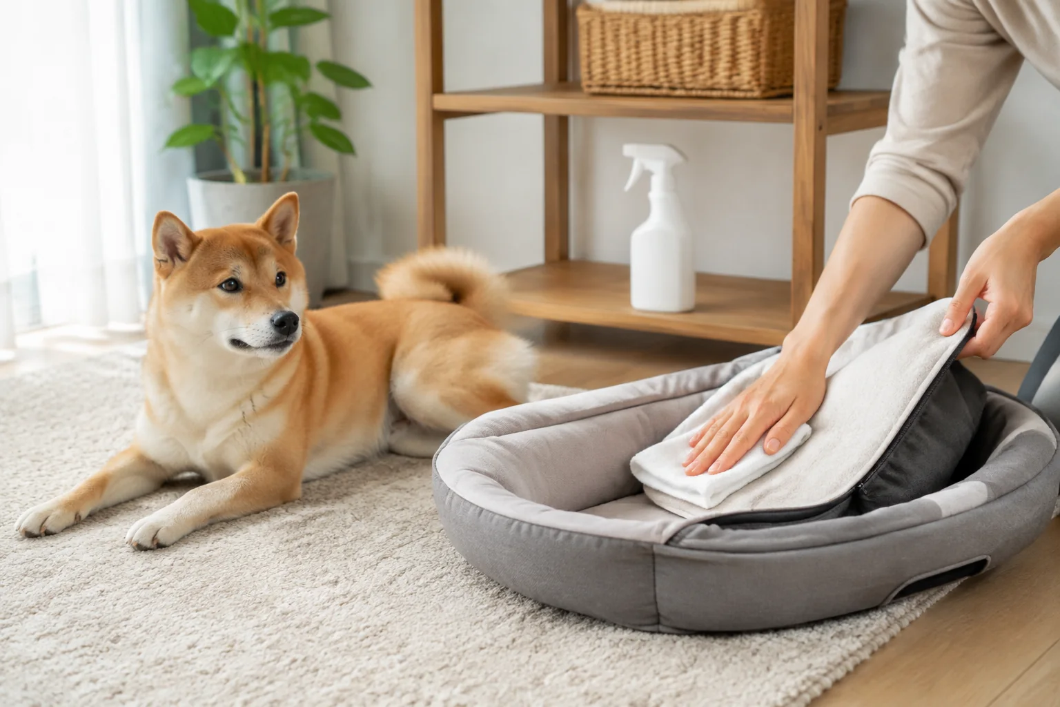 犬用ベッドを清潔に手入れする様子