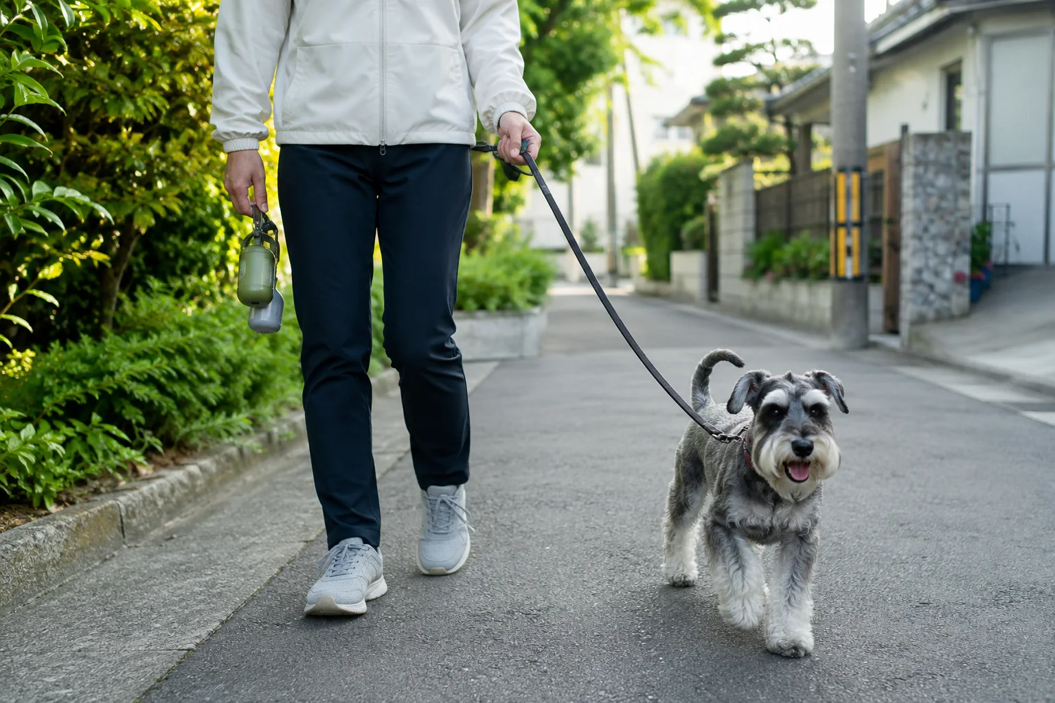 散歩用品を持って歩く飼い主と犬